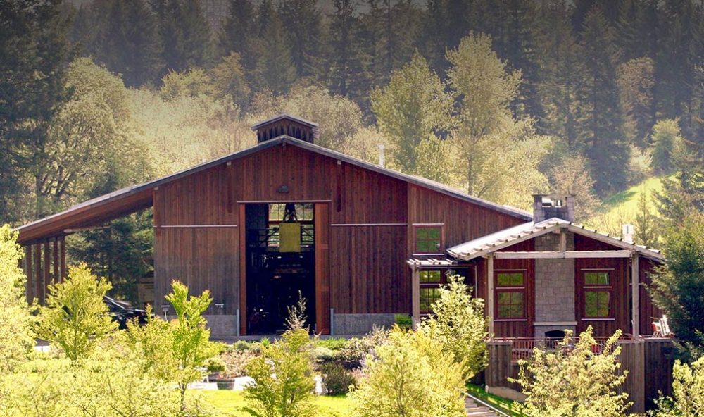 The outside of the Lemelson Vineyards tasting room surrounded by trees